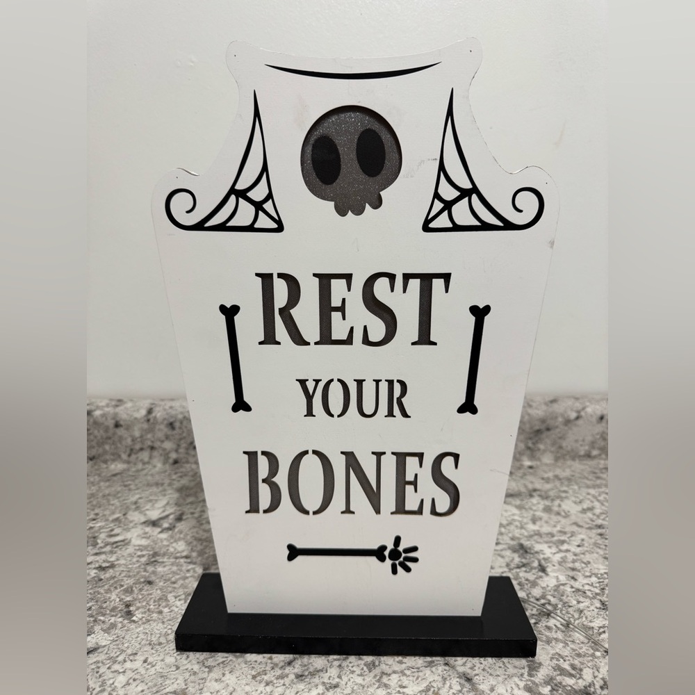 Rest Your Bones 16” Light Up Halloween Tombstone Tabletop Wooden Sign